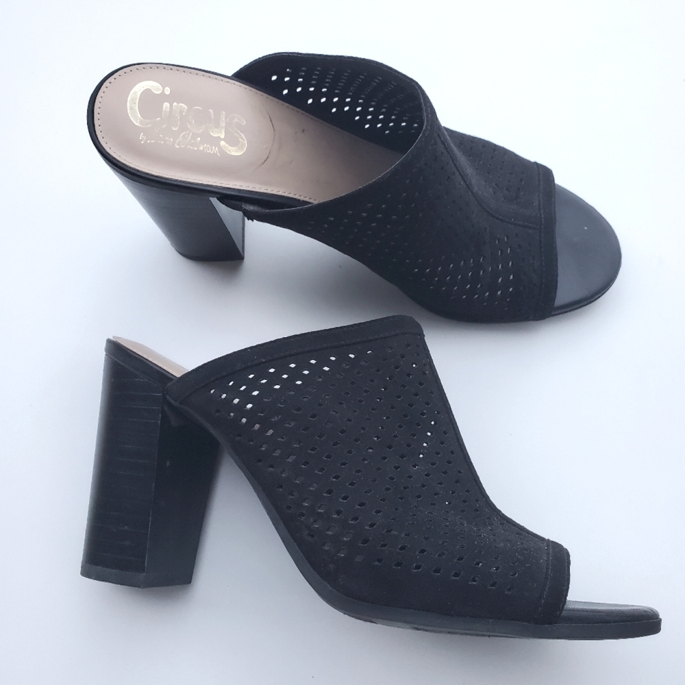 Sam Edelman 7 Circus Estelle Block Heel Mules Slide On heels Faux Suede Black